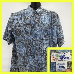 Reyn Spooner Hawaiian Shirt XXL Blue Tapa Tribal Print Pullover Button Down USA